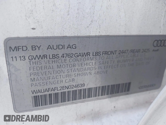 2014 Audi A4 Premium with VIN WAUAFAFL2EN024639, listed as a IAAI auction lot 41444440 with 149,547 mi miles. Bid and sale history available at carsss.com. Image 9.