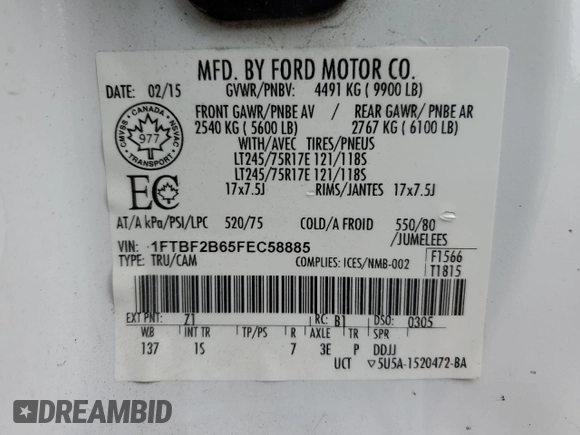 2015 Ford F-250 XLT with VIN 1FTBF2B65FEC58885, listed as a Copart auction lot 51991885 with 86,680 mi miles and Clean title. Bid and sale history available at DreamBid. Image 12.
