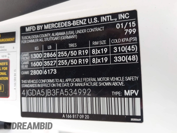 2015 Mercedes-Benz M 350 with VIN 4JGDA5JB3FA534992, listed as a IAAI auction lot 41885667 with 110,289 mi miles and . Bid and sale history available at DreamBid. Image 9.