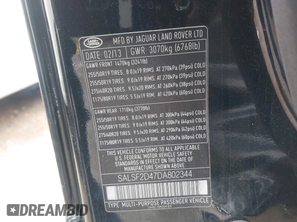 2013 Land Rover Range Rover Sport HSE with VIN SALSF2D47DA802344, listed as a IAAI auction lot 40926644 with 59,389 mi miles. Bid and sale history available at carsss.com. Image 9.