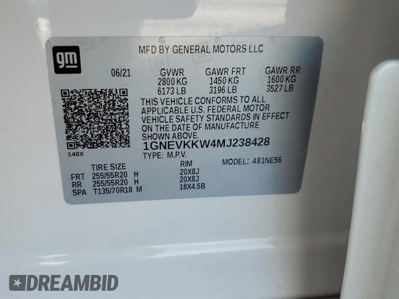 2021 Chevrolet Traverse Premier with VIN 1GNEVKKW4MJ238428, listed as a Copart auction lot 87751075 with 44,501 mi miles and Salvage title. Bid and sale history available at DreamBid. Image 14.