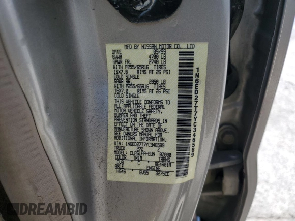 2000 Nissan Frontier XE with VIN 1N6ED27T7YC346589, listed as a Copart auction lot 53680015 with Not provided miles and Salvage title. Bid and sale history available at DreamBid. Image 12.