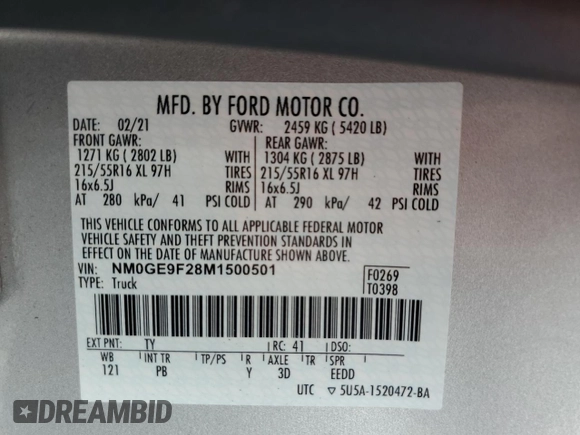 2021 Ford Transit Connect XLT with VIN NM0GE9F28M1500501, listed as a Copart auction lot 50764445 with 24,638 mi miles and Salvage title. Bid and sale history available at DreamBid. Image 15.