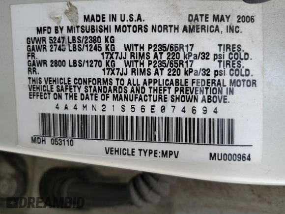2006 Mitsubishi Endeavor LS with VIN 4A4MN21S56E074694, listed as a Copart auction lot 62396454 with 325,603 mi miles and Clean Title. Bid and sale history available at carsss.com. Image 13.