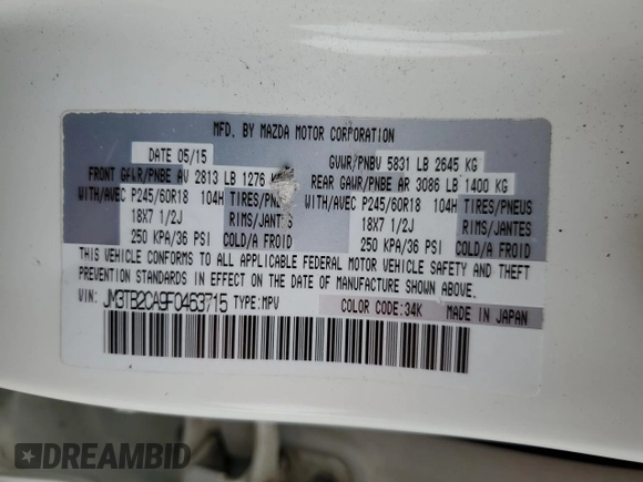 2015 Mazda CX-9 Touring with VIN JM3TB2CA9F0463715, listed as a Copart auction lot 59764565 with 113,535 mi miles and Salvage title. Bid and sale history available at DreamBid. Image 14.