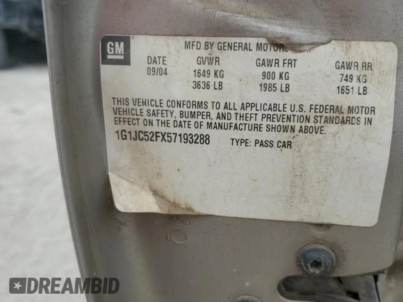 2005 Chevrolet Cavalier with VIN 1G1JC52FX57193288, listed as a Copart auction lot 55061815 with Not provided miles and Salvage title. Bid and sale history available at DreamBid. Image 13.