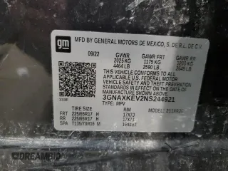 2022 Chevrolet Equinox LT with VIN 3GNAXKEV2NS244921, listed as a Copart auction lot 57093084 with 47,545 mi miles and Non Repairable. Bid and sale history available at DreamBid. Image 15.