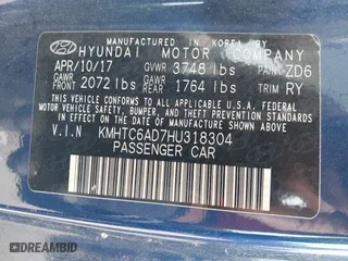 2017 Hyundai Veloster with VIN KMHTC6AD7HU318304, listed as a IAAI auction lot 41726043 with 63,050 mi miles. Bid and sale history available at carsss.com. Image 9.