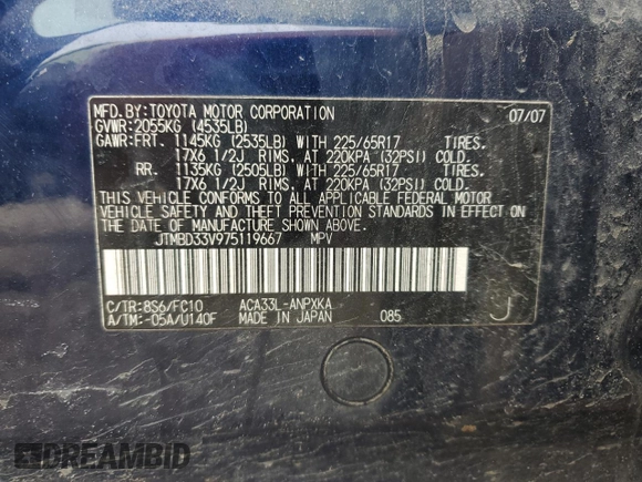 2007 Toyota RAV4 with VIN JTMBD33V975119667, listed as a Copart auction lot 51538815 with 201,116 mi miles and Clean Title. Bid and sale history available at carsss.com. Image 14.