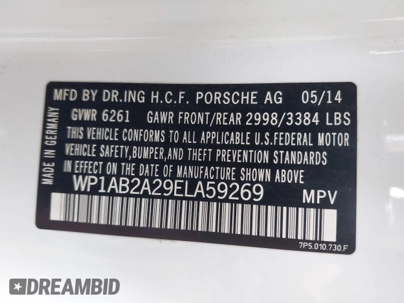 2014 Porsche Cayenne S with VIN WP1AB2A29ELA59269, listed as a IAAI auction lot 41430492 with 146,720 mi miles and . Bid and sale history available at DreamBid. Image 9.