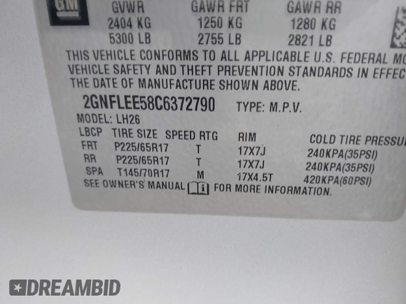 2012 Chevrolet Equinox LT w/1LT with VIN 2GNFLEE58C6372790, listed as a IAAI auction lot 41693783 with 109,092 mi miles. Bid and sale history available at carsss.com. Image 9.