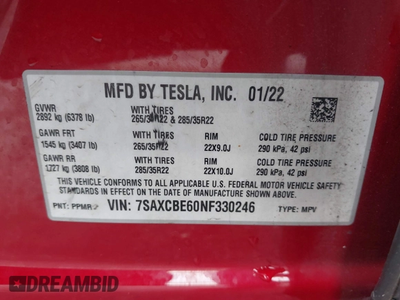 2022 Tesla Model X Plaid with VIN 7SAXCBE60NF330246, listed as a IAAI auction lot 41477394 with 51,612 mi miles and . Bid and sale history available at DreamBid. Image 9.
