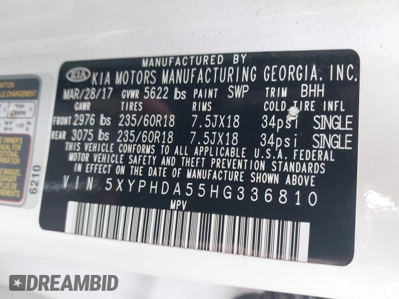2017 Kia Sorento EX with VIN 5XYPHDA55HG336810, listed as a IAAI auction lot 39946463 with 129,876 mi miles and . Bid and sale history available at carsss.com. Image 9.