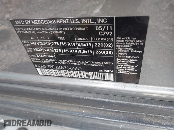 2011 Mercedes-Benz GL-Class GL 450 with VIN 4JGBF7BE2BA736553, listed as a IAAI auction lot 41316716 with Not Provided miles. Bid and sale history available at carsss.com. Image 9.