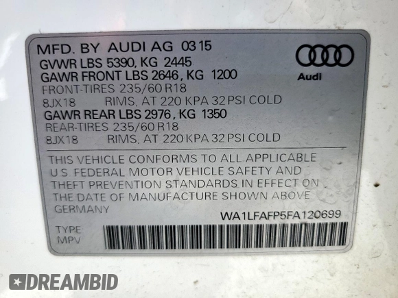 2015 Audi Q5 Premium Plus with VIN WA1LFAFP5FA120699, listed as a Copart auction lot 58362845 with 94,099 mi miles and Clean title. Bid and sale history available at DreamBid. Image 13.