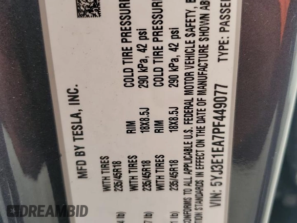 2023 Tesla Model 3 с VIN 5YJ3E1EA7PF449077, выставлен на аукционе Copart как лот 56821975 с пробегом 42 037 миль миль и Списание • Salvage title. История ставок и продаж доступна на DreamBid. Изображение 13.