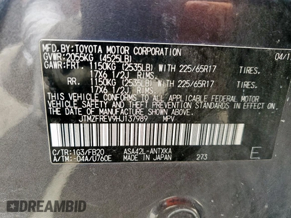 2017 Toyota RAV4 LE z VIN JTMZFREV9HJ137989, wystawiony jako Copart lot #60158975 z przebiegiem 75 840 mil mil oraz Szkoda całkowita • Salvage title. Historia ofert i sprzedaży dostępna na DreamBid. Obrazek 13.