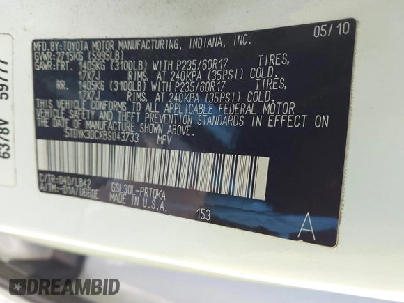 2011 Toyota Sienna XLE AAS with VIN 5TDYK3DCXBS043733, listed as a IAAI auction lot 41601544 with 221,658 mi miles and . Bid and sale history available at DreamBid. Image 9.