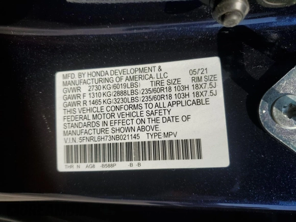 2022 Honda Odyssey EX-L with VIN 5FNRL6H73NB021145, listed as a Copart auction lot 46609265 with 31,493 mi miles and Salvage Title. Bid and sale history available at DreamBid. Image 13.