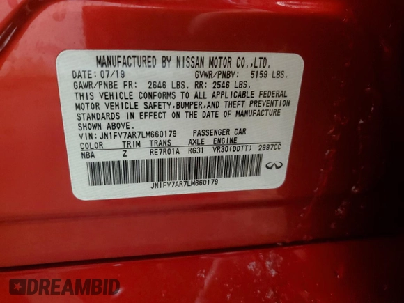 2020 Infiniti Q50 Red Sport 400 with VIN JN1FV7AR7LM660179, listed as a Copart auction lot 89016435 with 33,500 mi miles and Salvage Title. Bid and sale history available at carsss.com. Image 12.