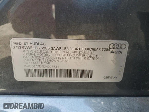 2013 Audi S8 with VIN WAUD2AFD4DN007731, listed as a Copart auction lot 52052315 with 118,582 mi miles and Clean Title. Bid and sale history available at carsss.com. Image 12.