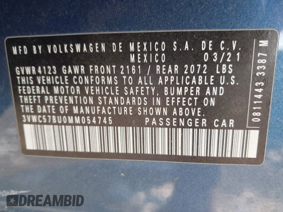 2021 Volkswagen Jetta S z VIN 3VWC57BU0MM054745, wystawiony jako IAAI lot #39772920 z przebiegiem 31 453 mil mil oraz . Historia ofert i sprzedaży dostępna na DreamBid. Obrazek 9.
