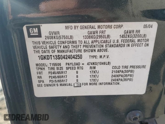 2004 GMC Envoy SLE with VIN 1GKDT13S042404250, listed as a Copart auction lot 52672455 with 230,610 mi miles and Salvage Title. Bid and sale history available at carsss.com. Image 16.