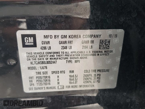 2020 Chevrolet Trax LS with VIN KL7CJKSB0LB052447, listed as a Copart auction lot 59269385 with 21,311 mi miles and Non repairable. Bid and sale history available at DreamBid. Image 13.