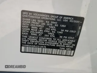 2020 Volkswagen Atlas SE with VIN 1V26E2CA6LC212575, listed as a Copart auction lot 54010195 with 73,391 mi miles and Salvage title. Bid and sale history available at DreamBid. Image 13.