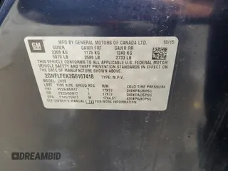2016 Chevrolet Equinox LT z VIN 2GNFLFEK2G6167418, wystawiony jako Copart lot #57868095 z przebiegiem Nie podano mil oraz Szkoda całkowita • Salvage title. Historia ofert i sprzedaży dostępna na DreamBid. Obrazek 14.