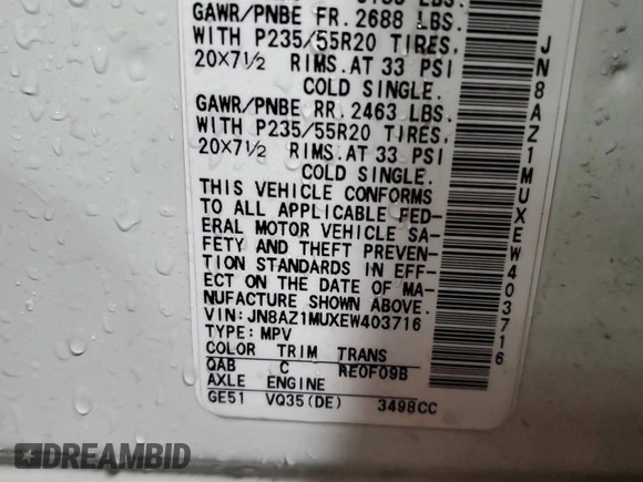 2014 Nissan Murano S with VIN JN8AZ1MUXEW403716, listed as a Copart auction lot 46852465 with 112,766 mi miles and Salvage Title. Bid and sale history available at carsss.com. Image 13.