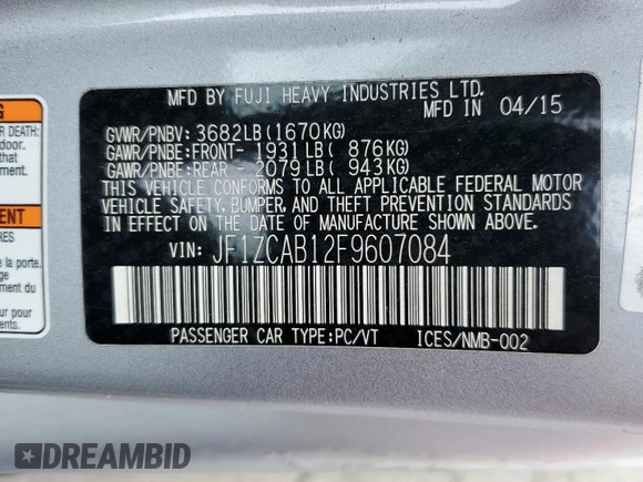 2015 Subaru BRZ Premium with VIN JF1ZCAB12F9607084, listed as a Copart auction lot 53743495 with 57,486 mi miles and Salvage title. Bid and sale history available at DreamBid. Image 12.