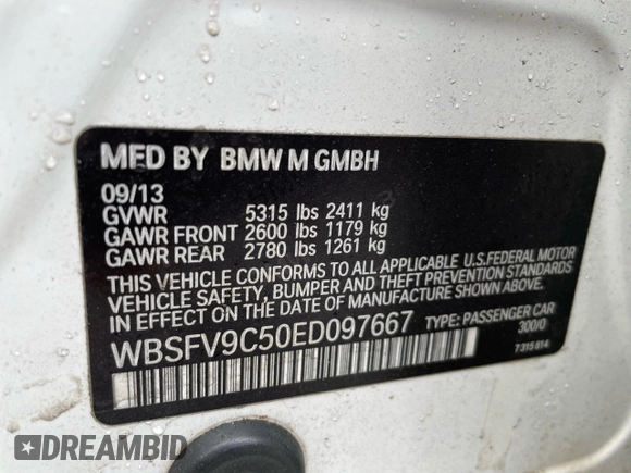 2014 BMW M5 z VIN WBSFV9C50ED097667, wystawiony jako Copart lot #55102255 z przebiegiem 145 086 mil mil oraz Czysty tytuł • Clean title. Historia ofert i sprzedaży dostępna na DreamBid. Obrazek 10.