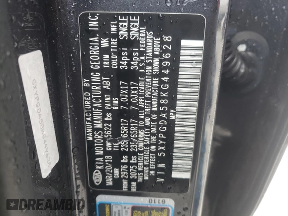 2019 Kia Sorento S V6 with VIN 5XYPGDA58KG449628, listed as a Copart auction lot 42976015 with 119,475 mi miles and Salvage Title. Bid and sale history available at carsss.com. Image 13.