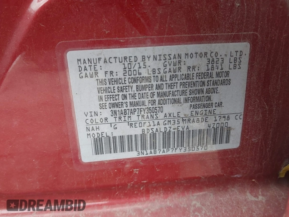 2015 Nissan Sentra SR with VIN 3N1AB7AP7FY350570, listed as a IAAI auction lot 42051668 with 185,362 mi miles and . Bid and sale history available at DreamBid. Image 9.