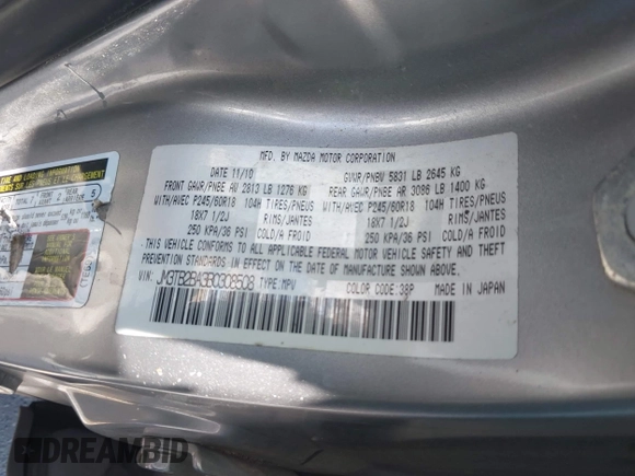 2011 Mazda CX-9 Sport with VIN JM3TB2BA3B0308508, listed as a IAAI auction lot 42517371 with 139,986 mi miles and . Bid and sale history available at DreamBid. Image 9.