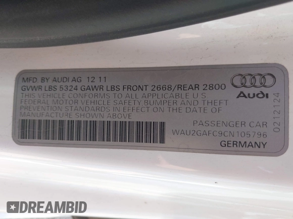 2012 Audi A7 Prestige с VIN WAU2GAFC9CN105796, выставлен на аукционе IAAI как лот 42227252 с пробегом 113 312 миль миль и . История ставок и продаж доступна на DreamBid. Изображение 9.