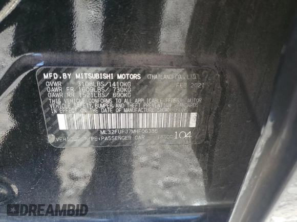 2021 Mitsubishi Mirage ES с VIN ML32FUFJ7MHF06386, выставлен на аукционе Copart как лот 73991404 с пробегом 97 988 миль миль и Списание • Salvage title. История ставок и продаж доступна на DreamBid. Изображение 15.