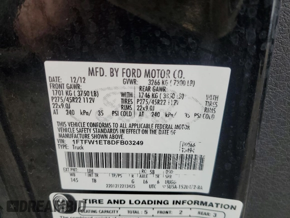2013 Ford F-150 XL with VIN 1FTFW1ET8DFB03249, listed as a Copart auction lot 57122515 with 113,124 mi miles and Salvage title. Bid and sale history available at DreamBid. Image 12.