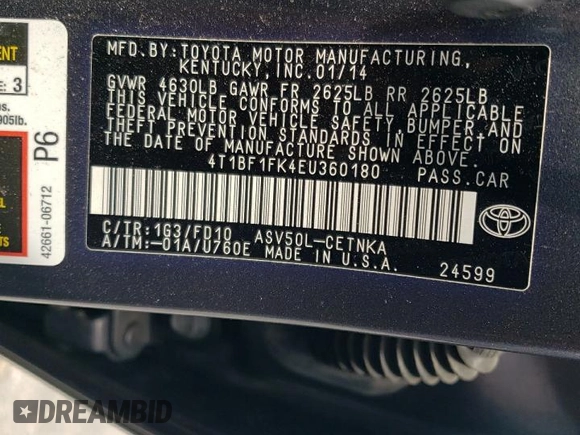 2014 Toyota Camry L with VIN 4T1BF1FK4EU360180, listed as a Copart auction lot 55258225 with 89,687 mi miles and Salvage Title. Bid and sale history available at DreamBid. Image 12.