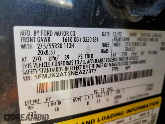 2022 Ford Expedition Max Limited z VIN 1FMJK2AT3NEA27377, wystawiony jako Copart lot #50085865 z przebiegiem 55 537 mil mil oraz Szkoda całkowita • Salvage title. Historia ofert i sprzedaży dostępna na DreamBid. Obrazek 13.