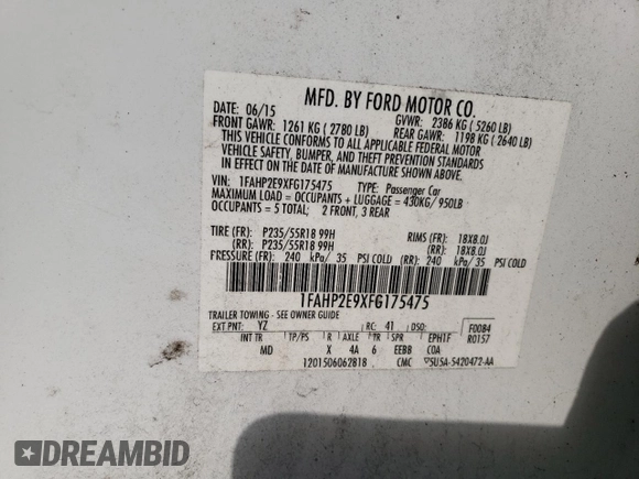 2015 Ford Taurus SEL with VIN 1FAHP2E9XFG175475, listed as a Copart auction lot 82369004 with 150,708 mi miles and Salvage title. Bid and sale history available at DreamBid. Image 14.