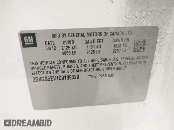 2012 Buick Regal Turbo Premium 1 с VIN 2G4GS5EV1C9199320, выставлен на аукционе IAAI как лот 42476564 с пробегом 128 581 миль миль и . История ставок и продаж доступна на DreamBid. Изображение 9.