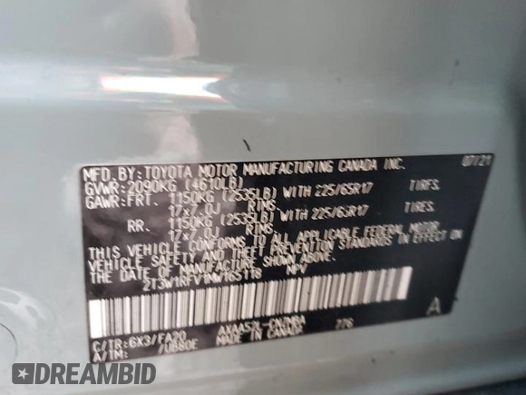 2021 Toyota RAV4 XLE with VIN 2T3W1RFV1MW165118, listed as a Copart auction lot 47613725 with 71,270 mi miles and Salvage Title. Bid and sale history available at carsss.com. Image 13.