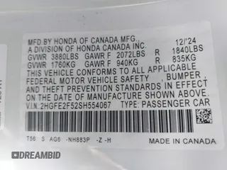 2025 Honda Civic Sedan Sport with VIN 2HGFE2F52SH554067, listed as a IAAI auction lot 41721019 with 5,461 mi miles. Bid and sale history available at carsss.com. Image 9.