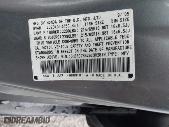 2006 Honda CR-V LX with VIN SHSRD78526U402819, listed as a IAAI auction lot 41986305 with 237,732 mi miles and . Bid and sale history available at carsss.com. Image 9.