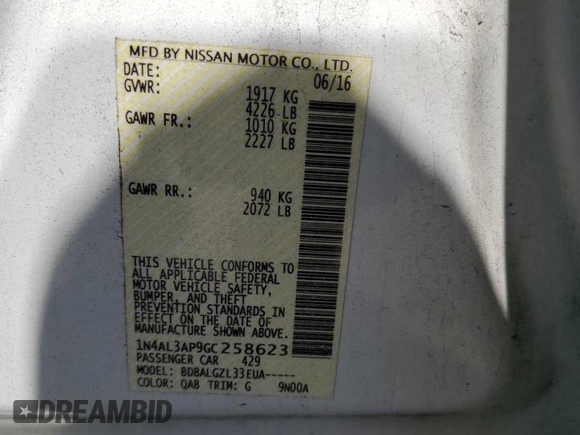 2016 Nissan Altima SR with VIN 1N4AL3AP9GC258623, listed as a Copart auction lot 63325045 with 148,083 mi miles and Clean title. Bid and sale history available at DreamBid. Image 12.