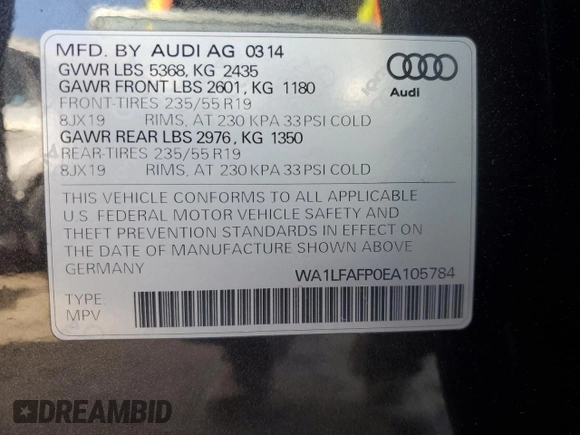 2014 Audi Q5 Premium Plus with VIN WA1LFAFP0EA105784, listed as a Copart auction lot 51862495 with 171,596 mi miles and Salvage title. Bid and sale history available at DreamBid. Image 13.