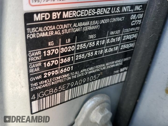2009 Mercedes-Benz R 3.5L with VIN 4JGCB65E79A091057, listed as a Copart auction lot 52186915 with 99,173 mi miles and Salvage Title. Bid and sale history available at DreamBid. Image 14.