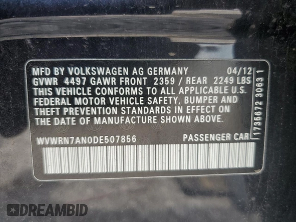 2013 Volkswagen CC Lux with VIN WVWRN7AN0DE507856, listed as a Copart auction lot 60187045 with 144,953 mi miles and Salvage title. Bid and sale history available at DreamBid. Image 13.